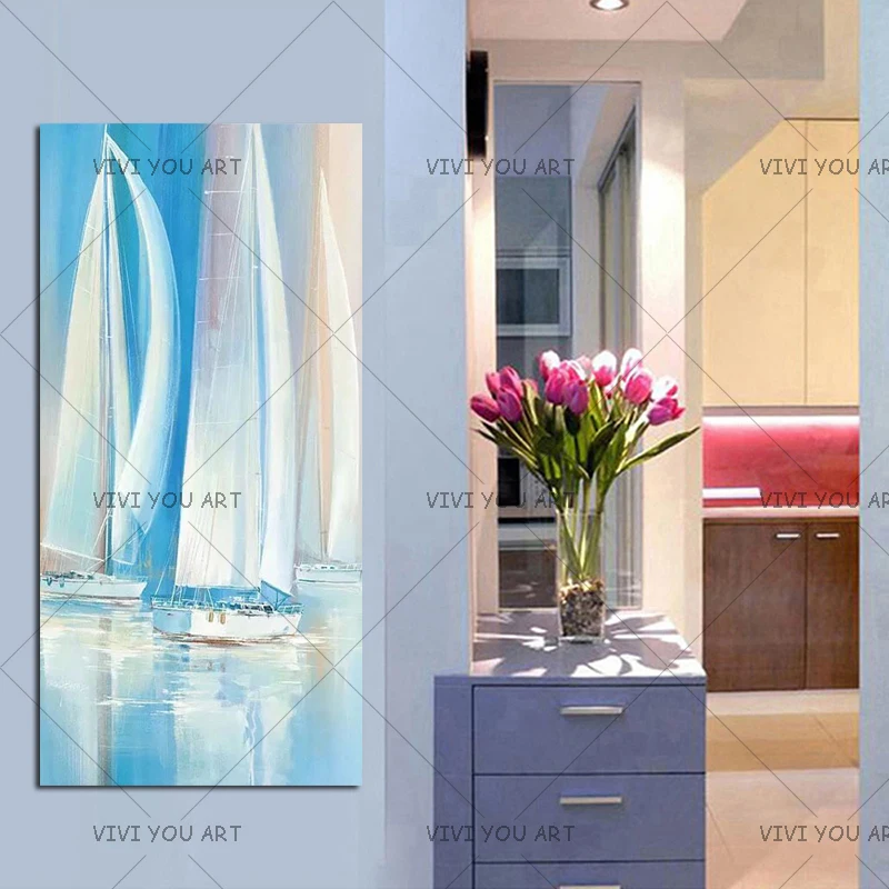 Новое поступление красивая картина ручная роспись высокого качества Whit и Blue Sailboat