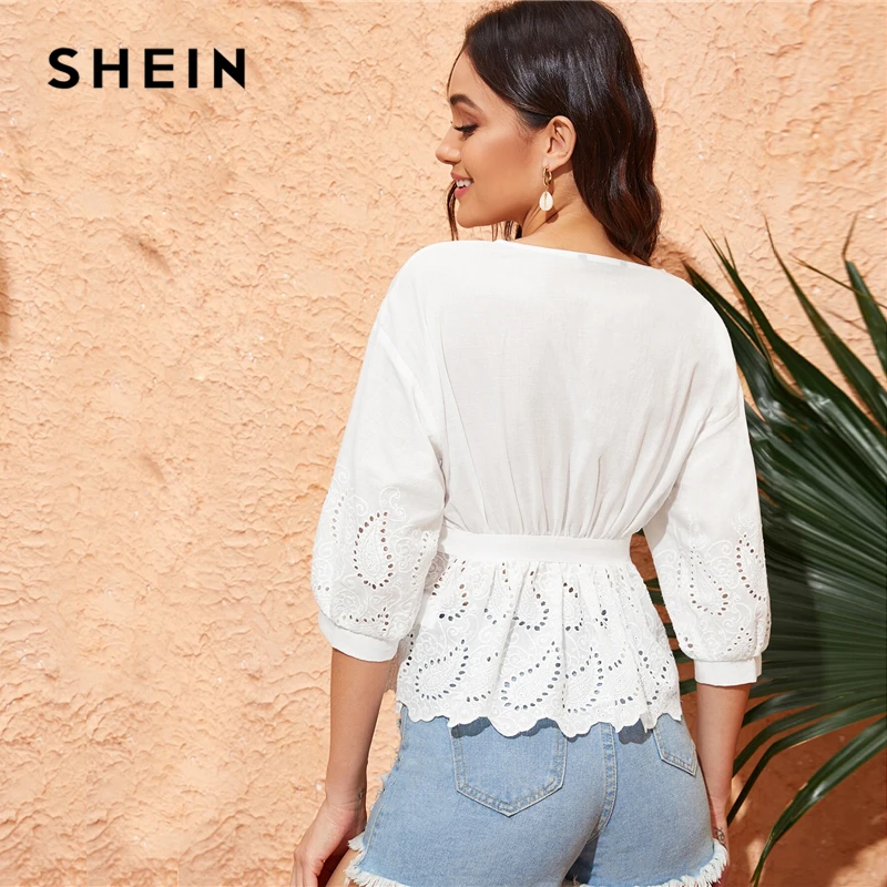 SHEIN белая блузка с вышивкой, на пуговицах, с v-образным вырезом, летние, с пышными рукавами,, Boho, Женские топы и блузки