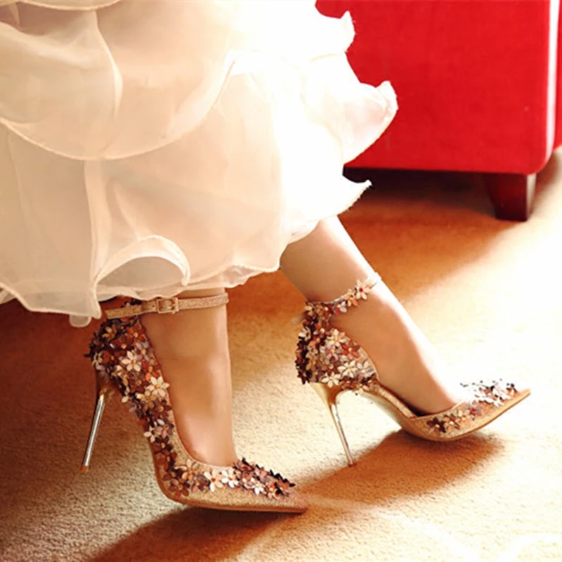 

Sequined cloth flower decor pumps pointed toe party stiletto shoes nighe club wedding bride woman shiny shoes special footwear