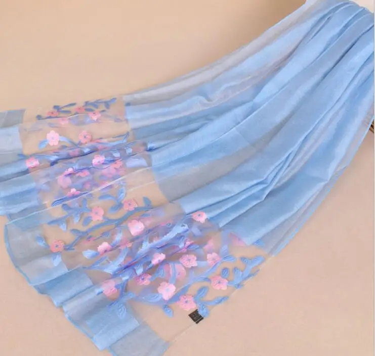 10 light blue Летние красивые цветочные тонкие женские хиджабы летние мусульманские Гази шарфы платок шелковый вышитый органза длинная шаль обёрточная бумага 70X185 см - Цвет: 10 light blue