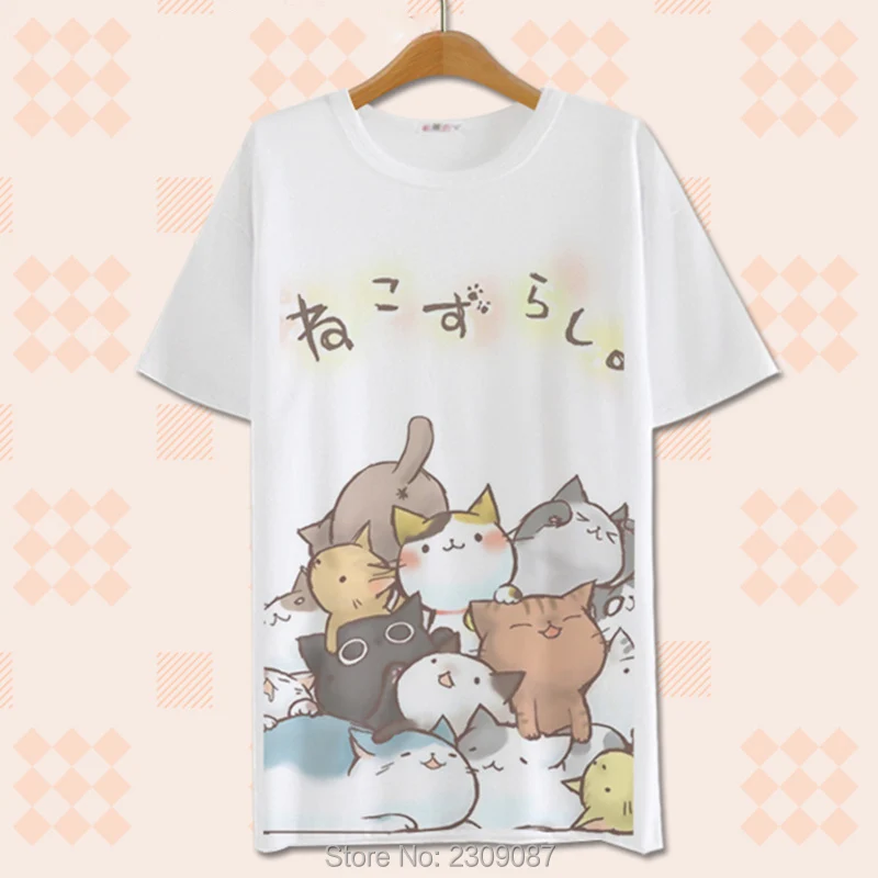 Футболки женские топ Лето кошка топы рубашка женская Neko Тройники Harajuku Футболка Японский Каваи Atsume Neko Аниме Мультфильм Cos Футболки Лолита Милый Кот Двор Случайные Топы Тройник Женская Одежда WXC
