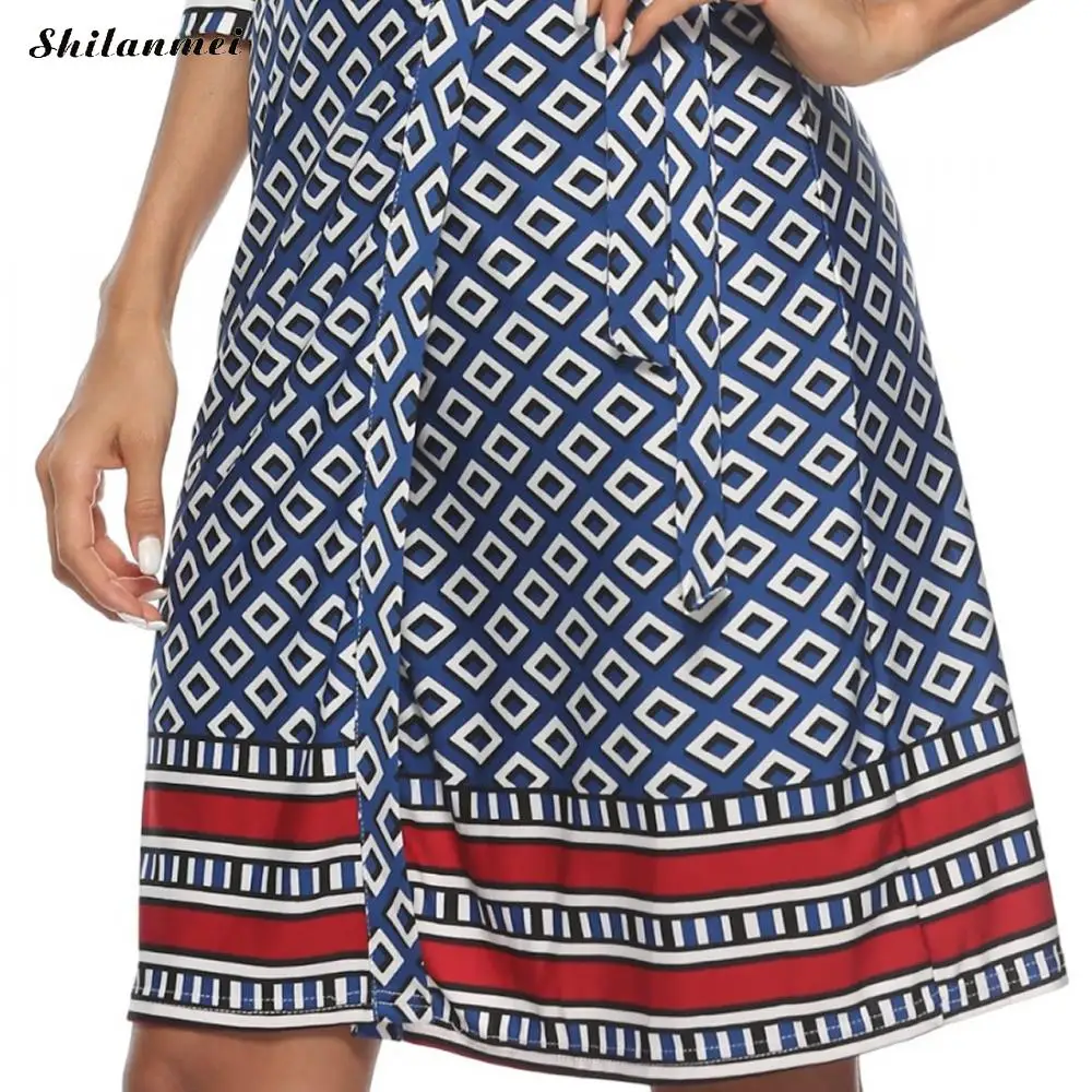 Boho печати миди платье с v образным вырезом женские три четверти рукав вечерние