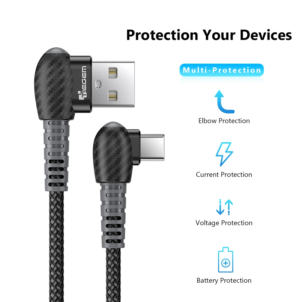TIEGEM type C кабель 2A Быстрая зарядка 90 градусов USB для Xiaomi 6 8 samsung S8 S9 Plus Note 9 huawei P9 P10