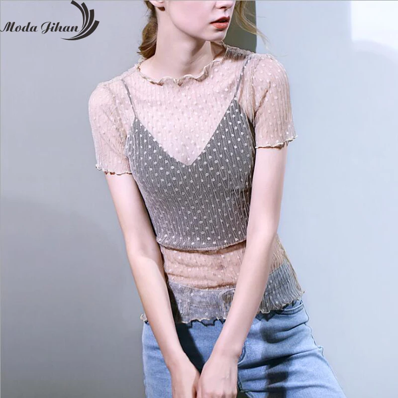 Женская кружевная рубашка Moda Jihan пикантная приталенная с коротким рукавом летние
