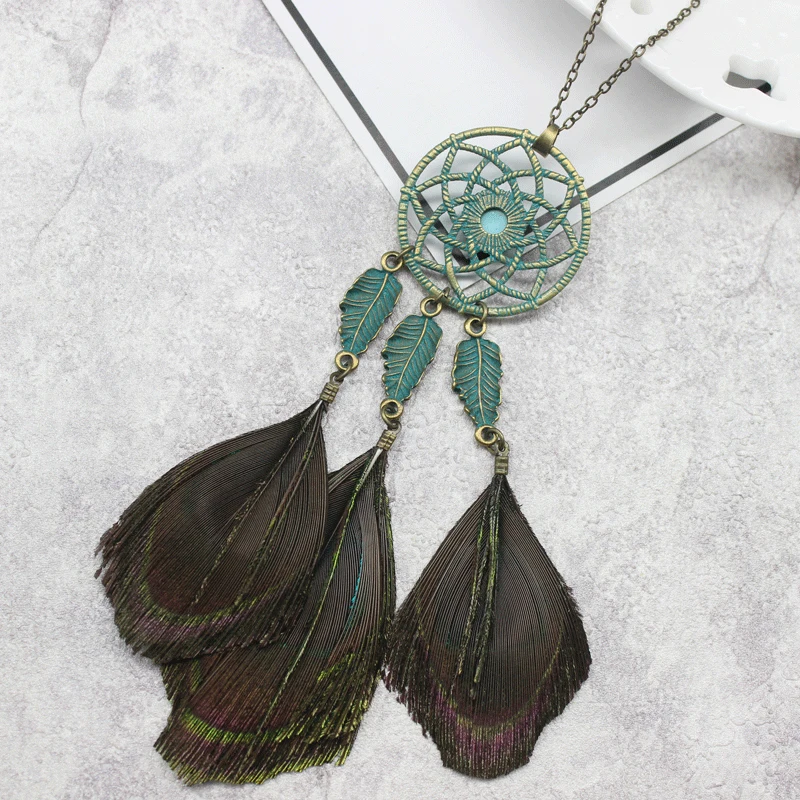 Длинная цепочка для свитера Ловец снов полые павлиньи перья креативное ожерелье