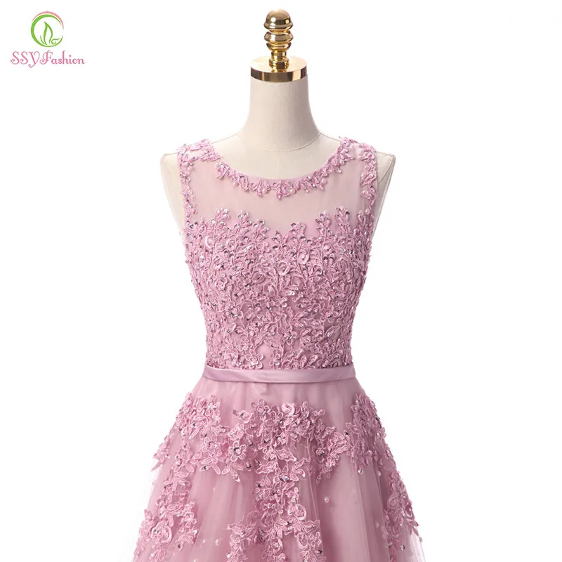 Robe De Soiree SSYFashion, милое Розовое Кружевное длинное вечернее платье с бусинами, свадебное прозрачное банкетное сексуальное платье без рукавов для выпускного вечера