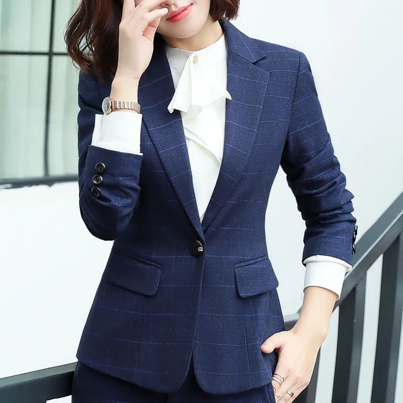 Navy blue plaid Элегантный Модный женский темно-синий клетчатый Блейзер, деловая одежда, Новая повседневная куртка с длинным рукавом размера плюс, Офисная Женская одежда для работы, пальто - Цвет: Navy blue plaid