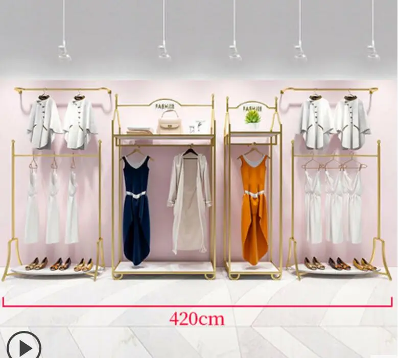 Europe type gold dress shop rack rack high grade clothes rack shoes bag double layer clothing display rack