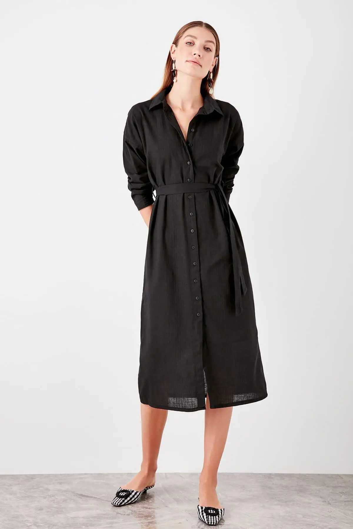 Trendyol черное платье рубашка TWOSS19EL0456|Женские платья| |