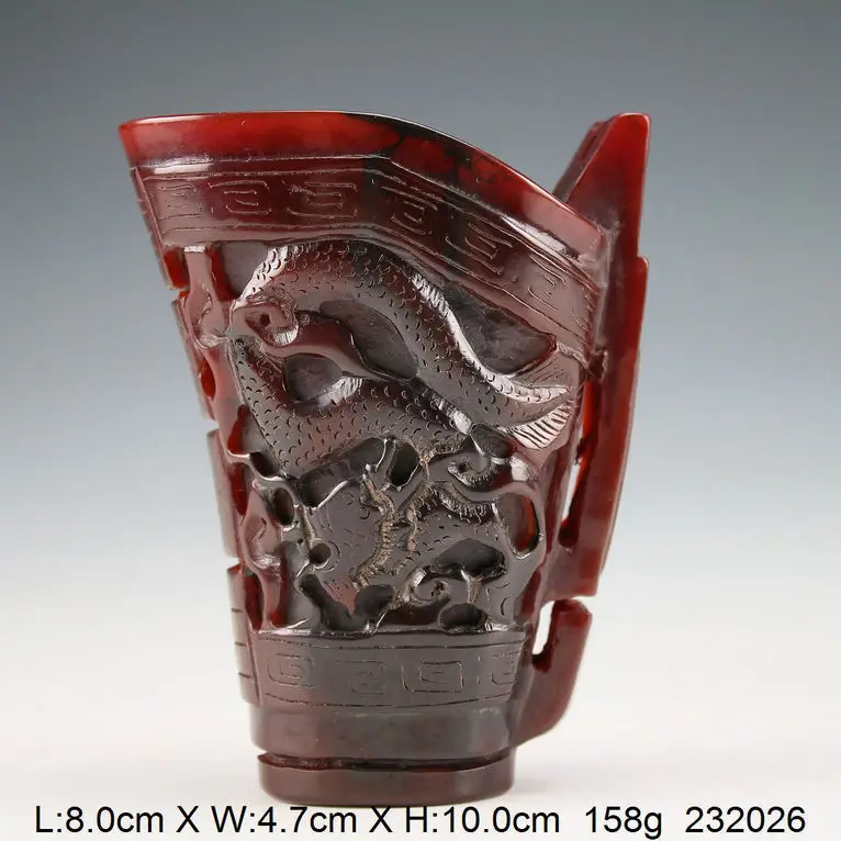 

Oriental Vintage Handwork Carved Ox Horn Dragon Cup
