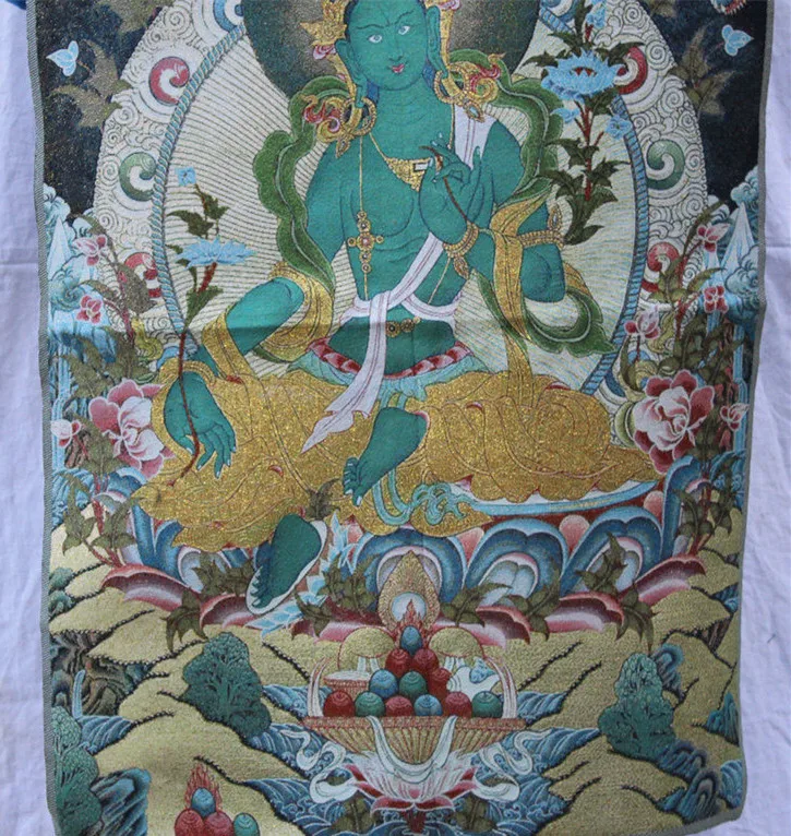 Chinese Folk Silk embroidery Green Tara Mahayana Buddhism Thangka Painting Mural | Дом и сад