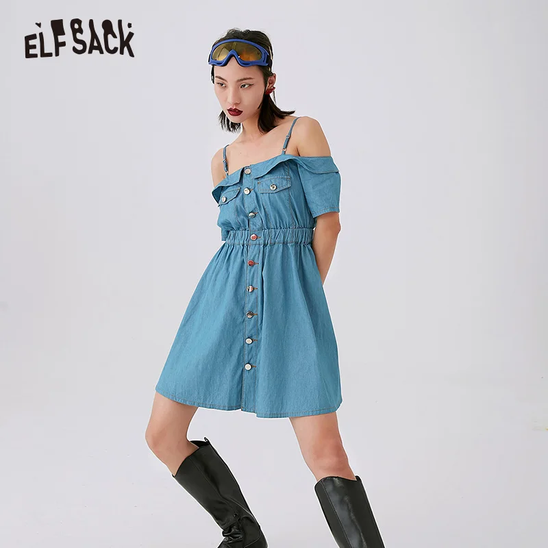 Женские винтажные джинсовые платья ELF SACK небесно голубое дамское хлопковое