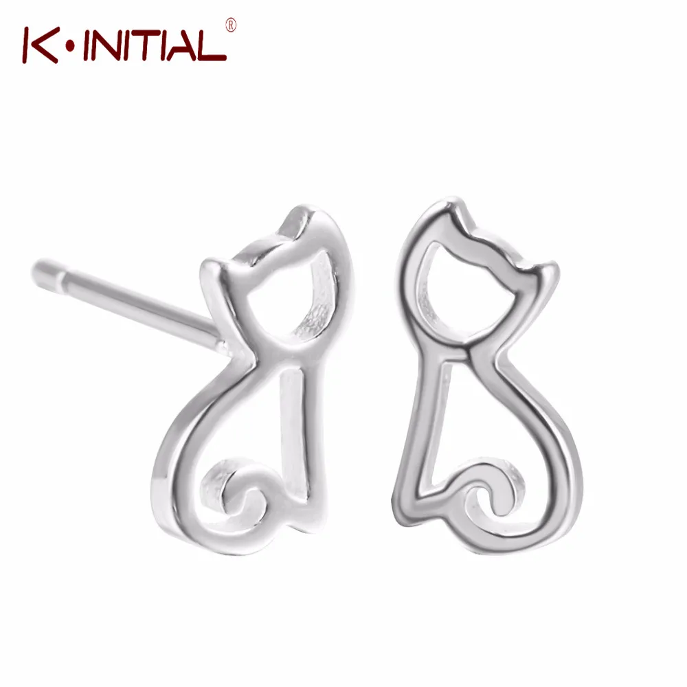 Kinitial Silver Color Animal Cat Earrings For Women Girl Kitty Stud Earring Fashion Jewelry Pendientes Brincos Small | Украшения и