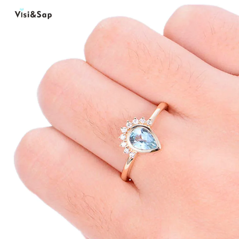 Женское Обручальное кольцо с фианитом Visisap в форме груши синего цвета капли воды
