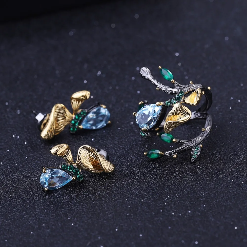 Gem балетки 925 пробы Серебряное кольцо ювелирные украшения 3.15Ct натуральный Небесно-Голубой топаз ручной работы бабочка, серьги со шпилькой, для Для женщин Brincos, можно носить