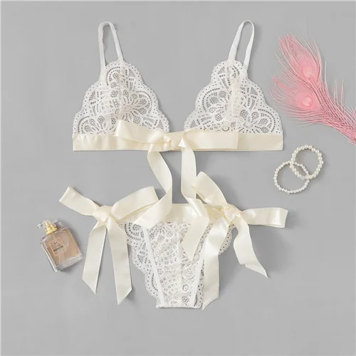 Слоновая кость SHEIN, кружевное сексуальное женское белье, набор, горячая Распродажа, женская пижама, v-образный вырез, без рукавов, кружево, гребешок, бюстгальтер без косточек и трусики, интимное белье - Цвет: Слоновая кость