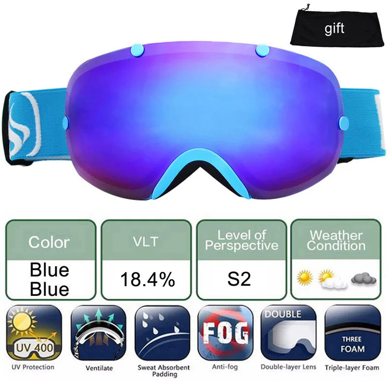 Blue Blue Лыжные очки UV400, противотуманные лыжные очки с двойными линзами, очки для катания на лыжах, сноуборде, скейтборде, мужские и женские лыжные очки - Цвет: Blue Blue