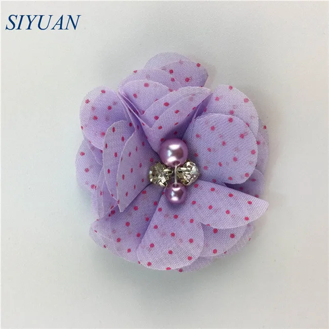 lilac dot 10 шт./лот, 2 дюйма, балерина, в горошек, в полоску, шифон, цветок, с жемчугом, стразы, центр, Шикарные аксессуары для волос, Наборы для творчества TH279 - Цвет: lilac dot