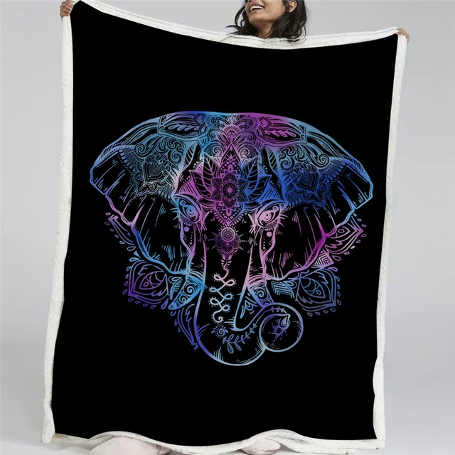 BlessLiving Neon Elephant Blanket Mandala Lotus Sherpa Flannel Fleece Throw Blanket Reversible Soft Bedding for Adults Kids 1