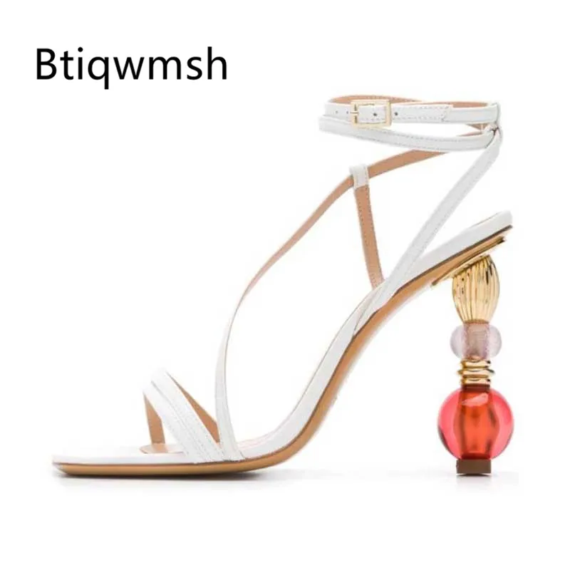 

2019 Newest Design Gladiator Sandals Woman Cross Strap Rhinestone Bead Strange High Heel Shoes Woman Party Shoes