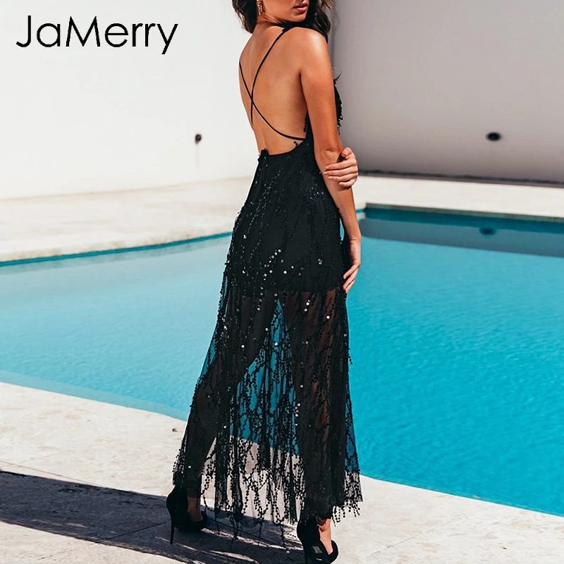 JaMerry сексуальное кружевное длинное платье с v-образным вырезом и пайетками