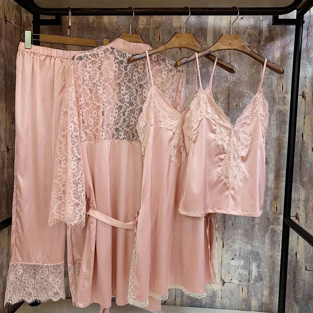 Silk Pajamas For Women Satin Sets Long Sleeves nightwear nightgown 4 piece set Top+Pants | Женская одежда