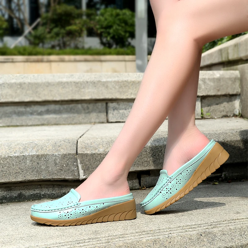 

New Women's Slipper Loafers Shoes Cow Leather Breathable Cool Pointed Toe Wedge Female Footwear Casual Women Flats Shoes 2019