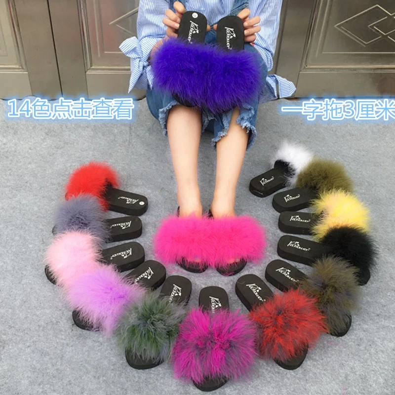 Fur slides woman flip flops European brand design fur slippers colorful sandals beach shoes chaussure femme | Обувь