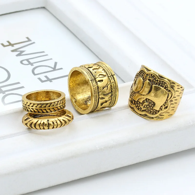 4 шт. набор колец миди для женщин и девочек античное золото покрытый серебром слон