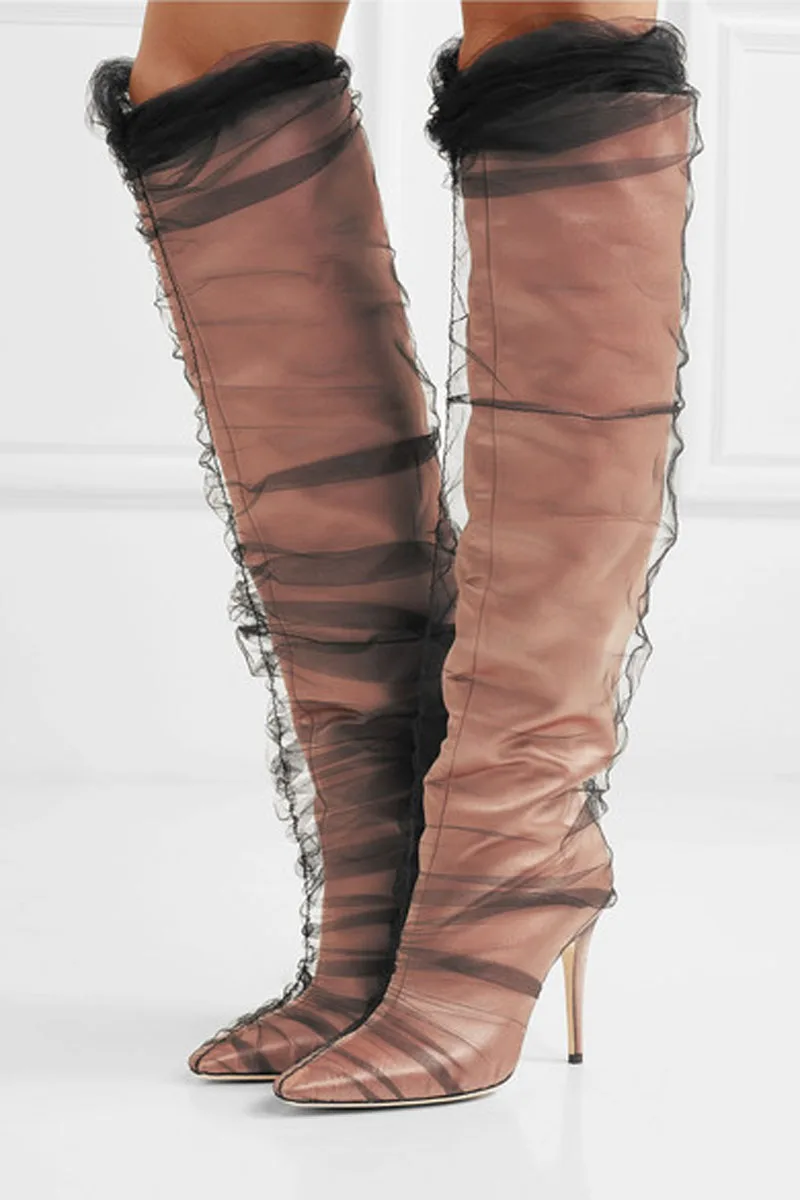 Stylesowner/Подиумные сапоги на платформе; сапоги до колена на шпильке; ботинки с острым носком на тонком каблуке; Лидер продаж года; Новая пикантная обувь из сетчатого материала