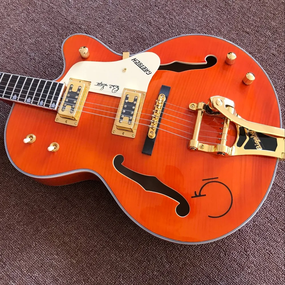 China Custom Jazz orange color F hollow body electric guitar,custom gitaar, guitarra,vibrato system