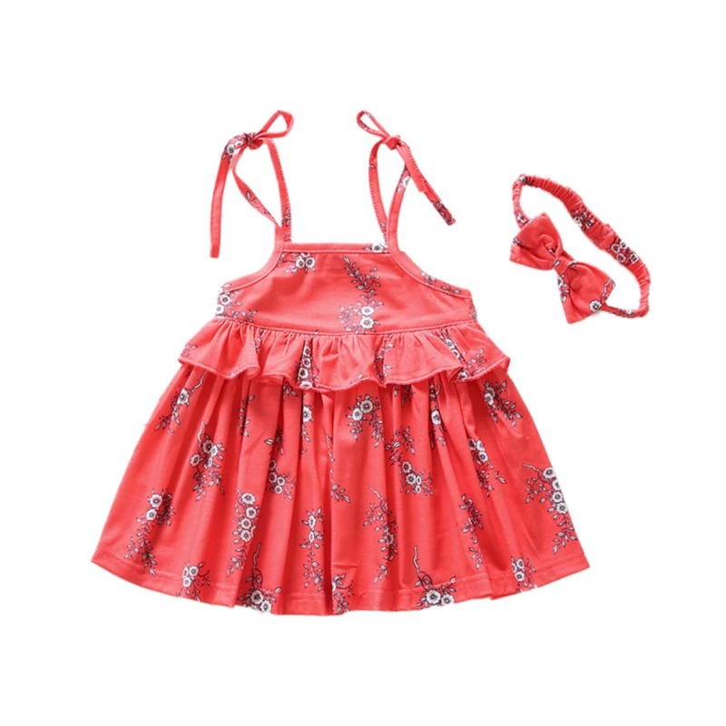 Baby Girls Dress Sets Kids Floral Pattern Strap Dresses Casual Sleeveless Tutu Sundress with Headband | Детская одежда и обувь