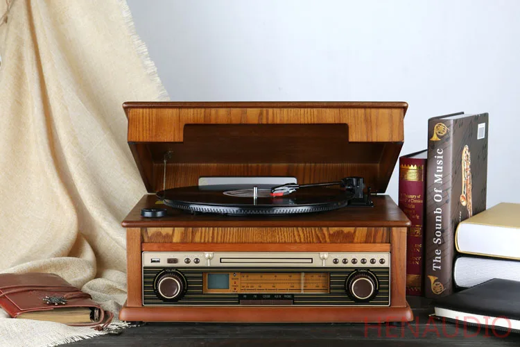 Bluetooth 4,0 деревянный Виниловый проигрыватель LP проигрыватель фонограф с функцией компакт-дисков/USB/LP-MP3 рекордер 220V
