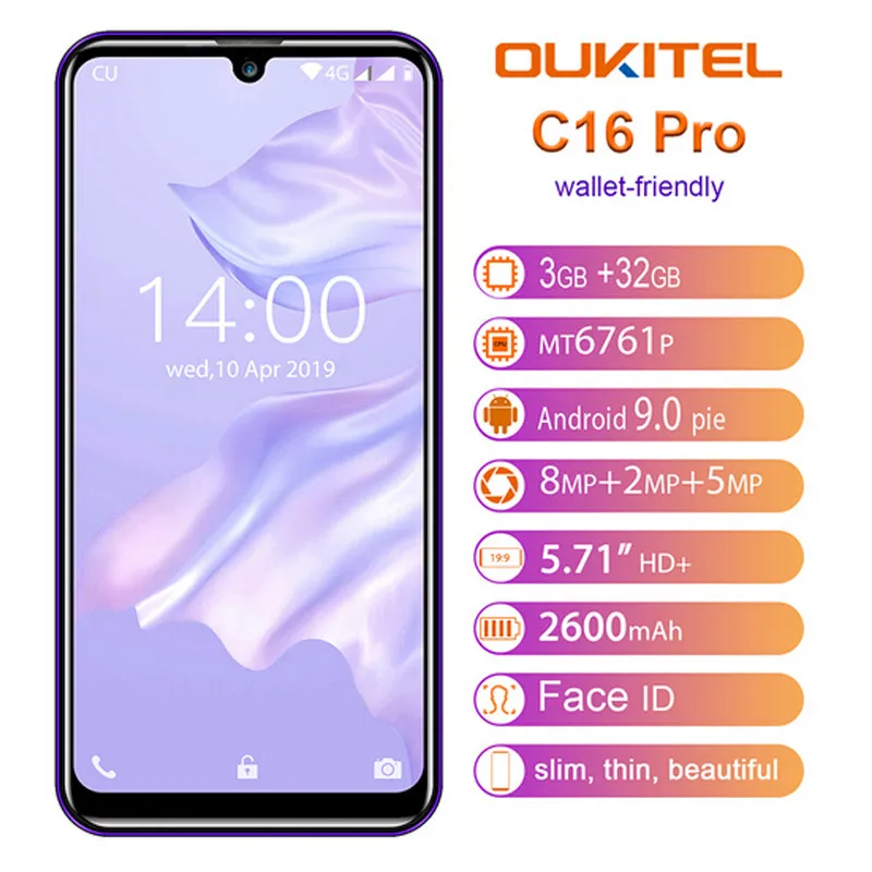 OUKITEL C16 Pro 5,71 ''Android 9,0 19:9 MT6761P 3 ГБ 32 ГБ смартфон отпечаток пальца Лицо ID капля экран 5 В/1A 4G мобильный телефон