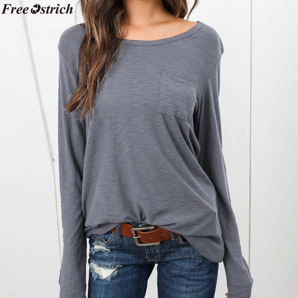 Свободная Женская одноцветная свободная футболка с длинным рукавом и круглым