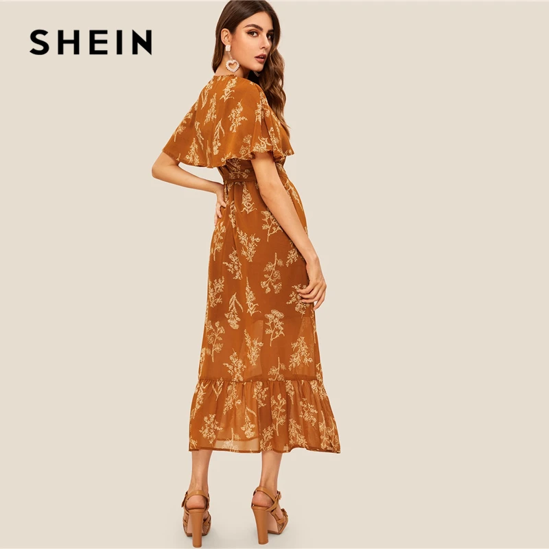 SHEIN модное летнее платье с цветочным принтом и оборками на пуговицах, коричневые женские платья с высокой талией и оборками