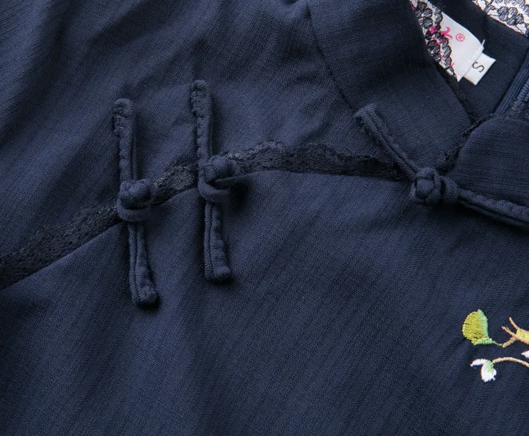 Sheng Coco, темно-синие рубашки, китайская винтажная одежда, топы Ципао с вышивкой и кружевом, льняные рубашки Cheongsam, китайский костюм
