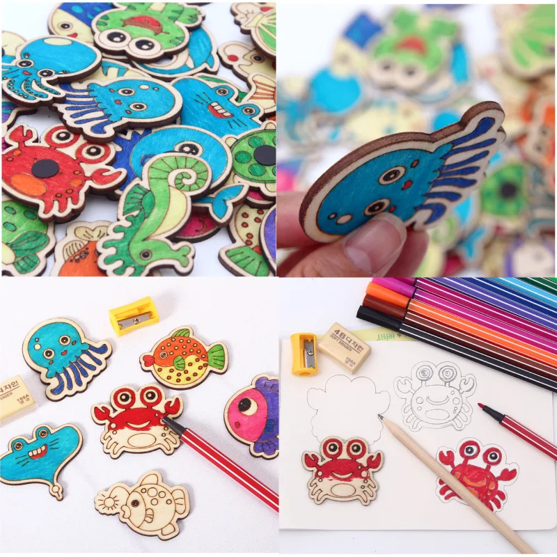 Wooden Baby Fish Toys For Children Multifunctional Graffiti Painting Magnetic Fishing Games Kids Educational | Игрушки и хобби