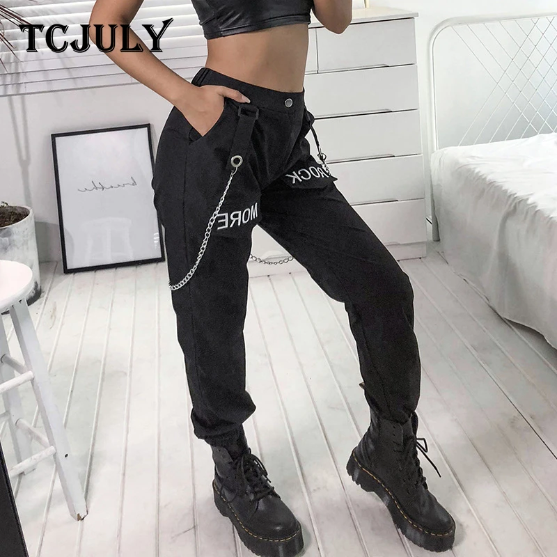 Женские брюки-карго TCJULY черные повседневные с надписью Rock Mores и высокой талией