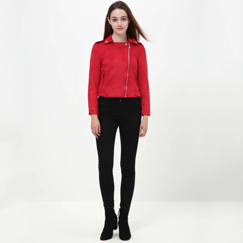 Women Autumn Winter Suede Faux Leather Jackets Lady Fashion Matte Motorcycle Coat Biker Red Black Green Zipper Outerwear