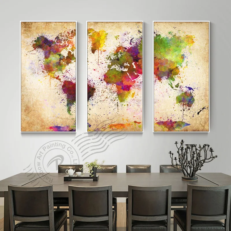 3 Панели холст настенная живопись абстрактная картина маслом карта мира