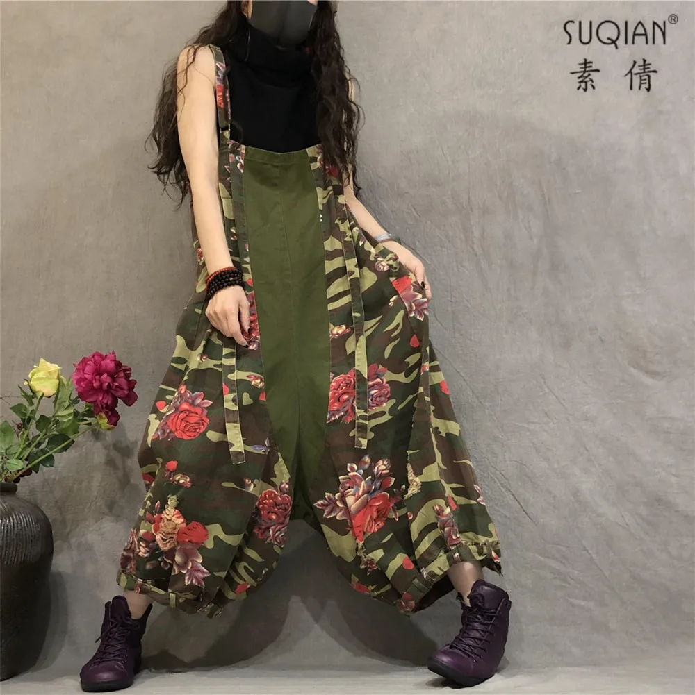 Женский свободный комбинезон тонкий камуфляжный болотного цвета с принтом