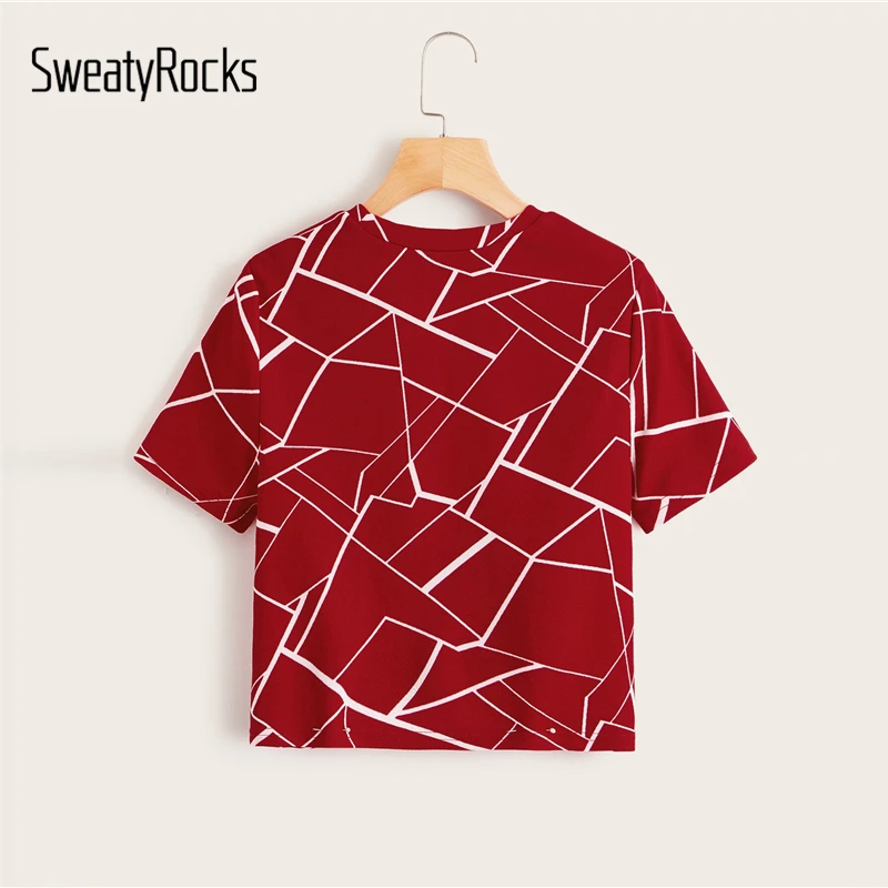 SweatyRocks короткий топ с перекрестной обмоткой Geo, уличная одежда с коротким рукавом, облегающие футболки, летние повседневные женские базовые футболки