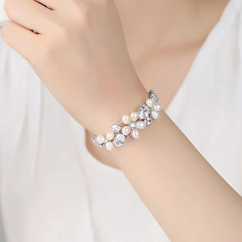 Aitunan Romantic Silver Color CZ Zircon Natural Freshwater Pearl Bracelet Flower Crystal Bracelets For Women Rice Jewelry | Украшения и