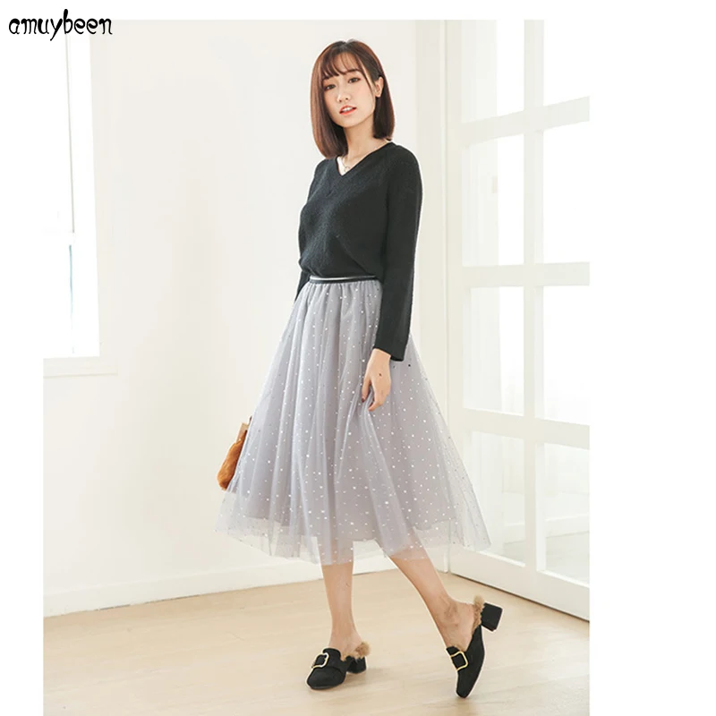 Skirts Mesh Sequin Skirt Women 2018 Stars Winter Tutu Party Tulle Festa Mori Black High Waist Harajuku Pleated Midi | Женская одежда
