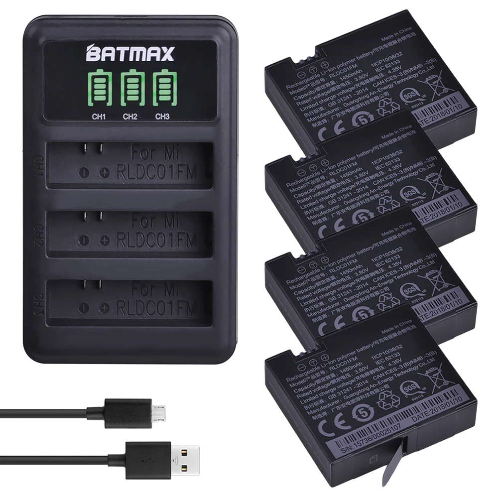 4 шт. Batmax Mijia Батарея+ светодиодный 3 слотов для карт USB Зарядное устройство для Xiaomi Mijia Mini Спортивная Экшн-камера Камера Батарея аксессуары