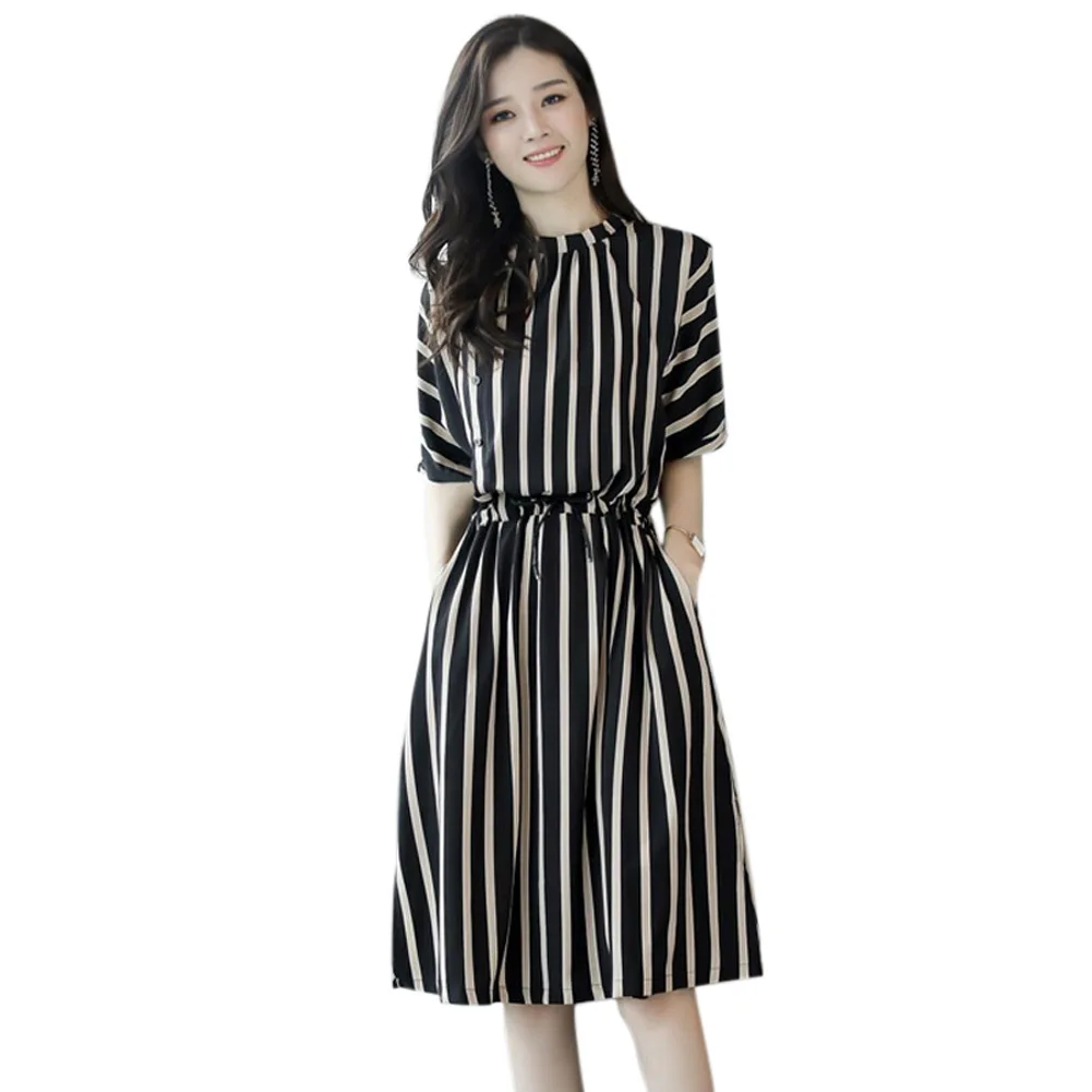 Женское летнее платье с рукавом до локтя облегающая полосатая круглая горловина