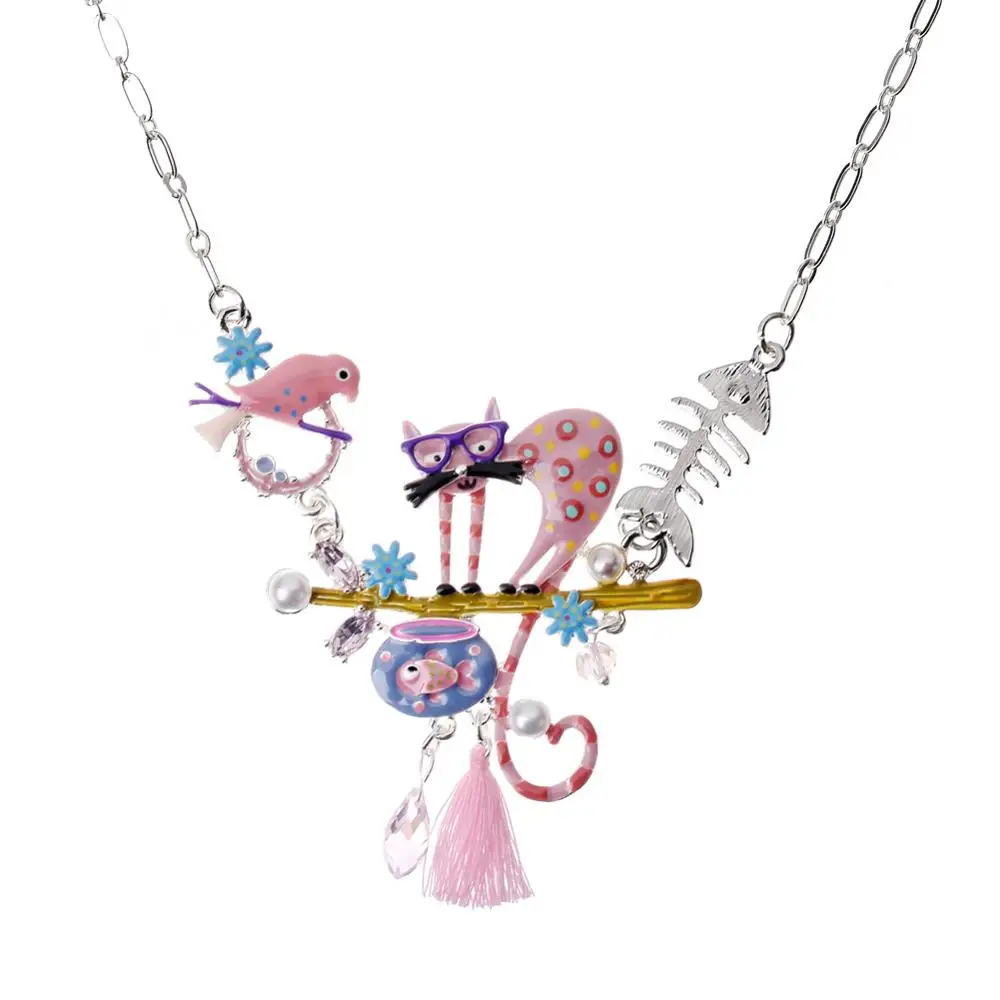 color4 Красочное ожерелье с подвеской в виде кошки, эмаль, кисточка, рыба, кости, чокер, сплав, анималистичное Броское ожерелье для женщин, девочек, детские ювелирные изделия - Окраска металла: color4