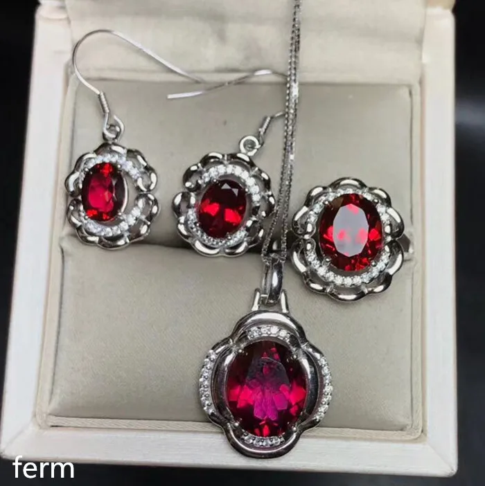 

KJJEAXCMY exquisite jewelry 925 pure silver inlaid natural pigeon blood red topA stone lady Jewelry Set Ring Pendant Earrings 4