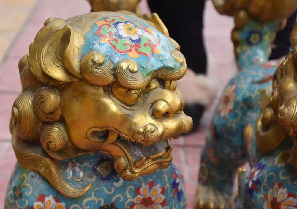 52 см Cloisonne бронза 24K золото позолоченный собака Фу Собака Guardion Лев Пара статуй